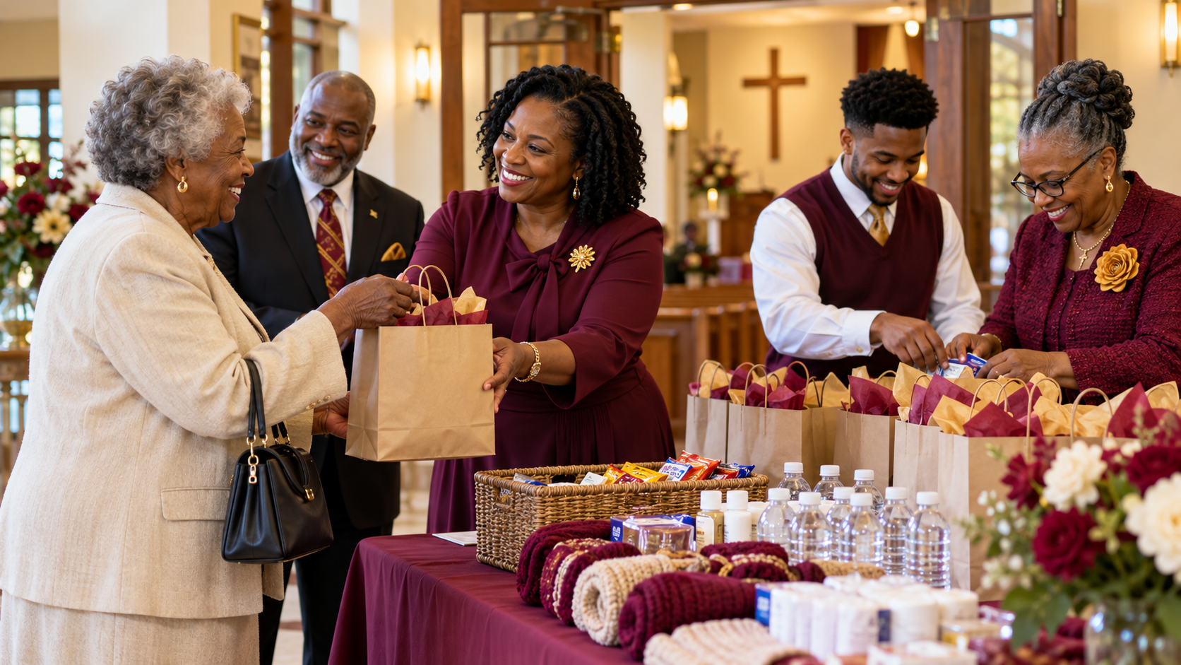 Illustration of church volunteers sharing care bags and serving families together