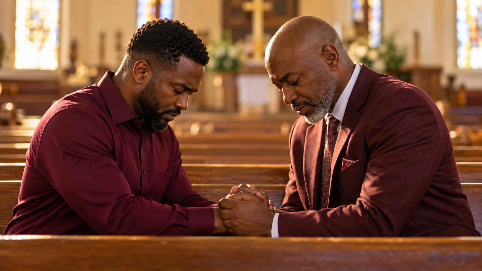 Two men bowing their heads and praying together in church
